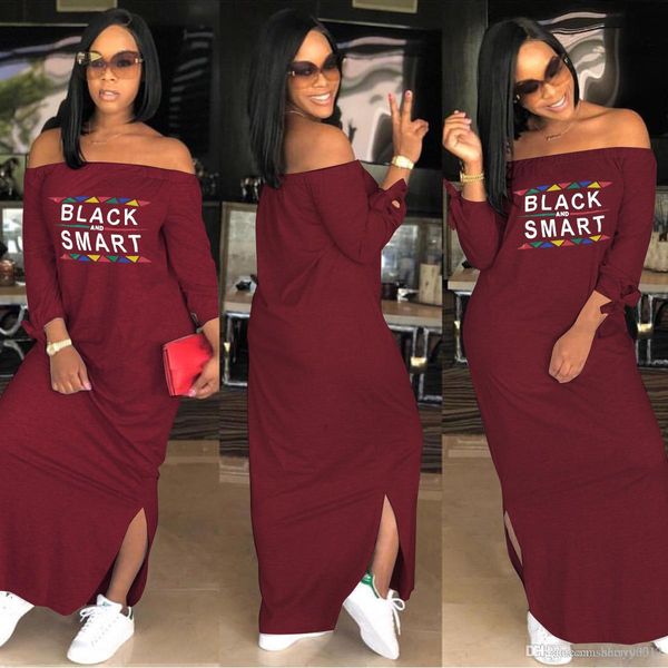 

2019 vintage letter print women casual maxi dress slash neck off shoulder long sleeve side split long dress fashion designed plus size, Black;gray