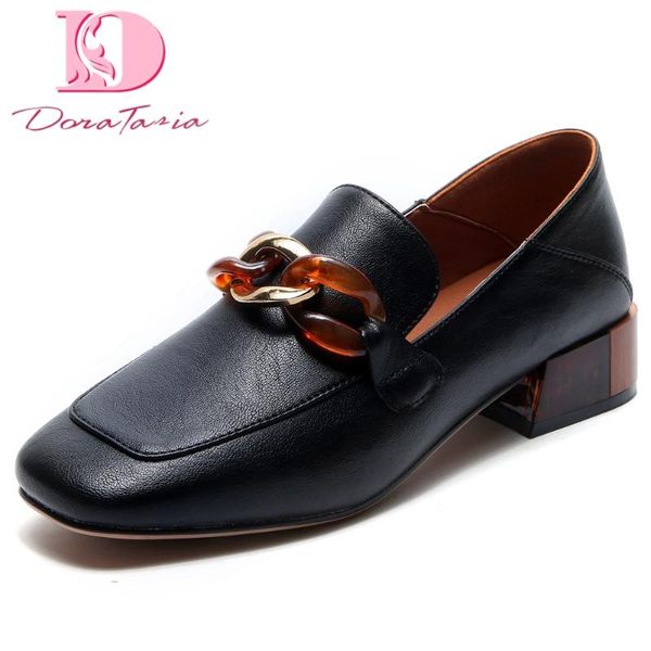 

doratasia 2020 fashion square toe chunky heels genuine leather shoes women skin pumps, Black
