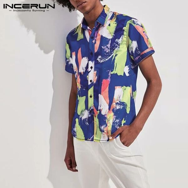 

fashion printed shirt men 2020 short sleeve casual streetwear lapel button chemise summer vacation mens hawaiian shirts incerun, White;black