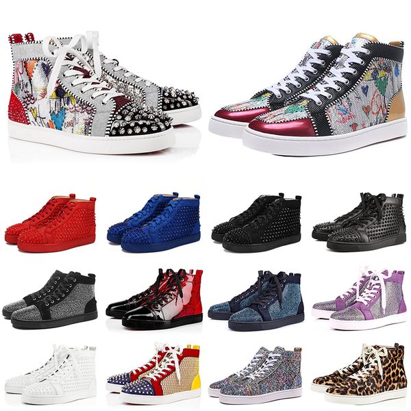 

with box luxury red bottoms studded spikes flats designer shoes for mens women glitter party lovers genuine leather casual rivet sneakers