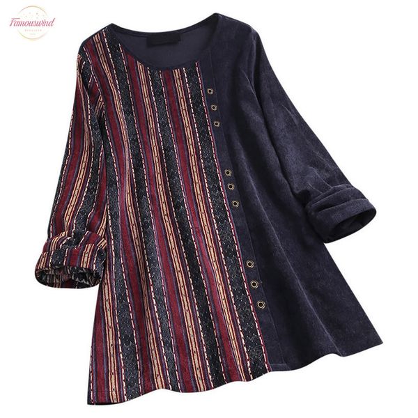 

plus size regular fashion boho women blouse vintage long sleeve corduroy stripe print patchwork ladies loose pullover lr3, White