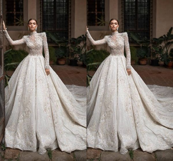 

2021 luxurious high neck arabic muslim church a line wedding dresses long sleeves tulle appliques sequins fitted bridal gowns plus size, White