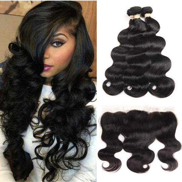 

8A Mink Brazilian Virgin Hair Body Wave 3 Bundles with Lace Frontal Natural Color Top Lace Frontal Closure with Baby Hair Straight Hair