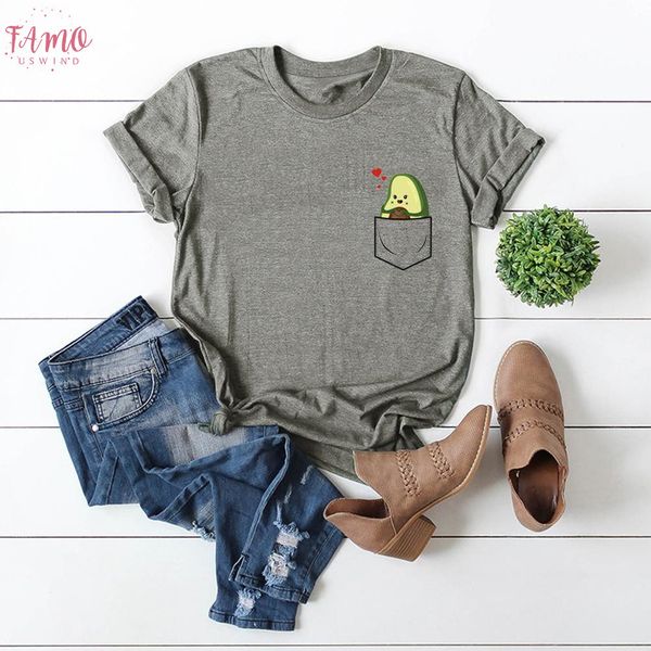 

pocket avocado women t shirt summer lovely cartoon basic casual short sleeves oversized cute vegan cotton t shirt, White