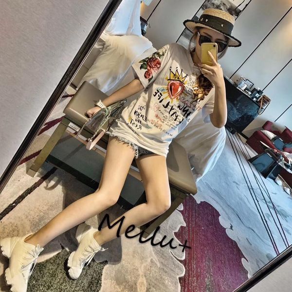 

Fa hion t hirt women 039 equin decoration colored bead printing pattern ladie hort leeved t hirt women treetwear tide top a d7