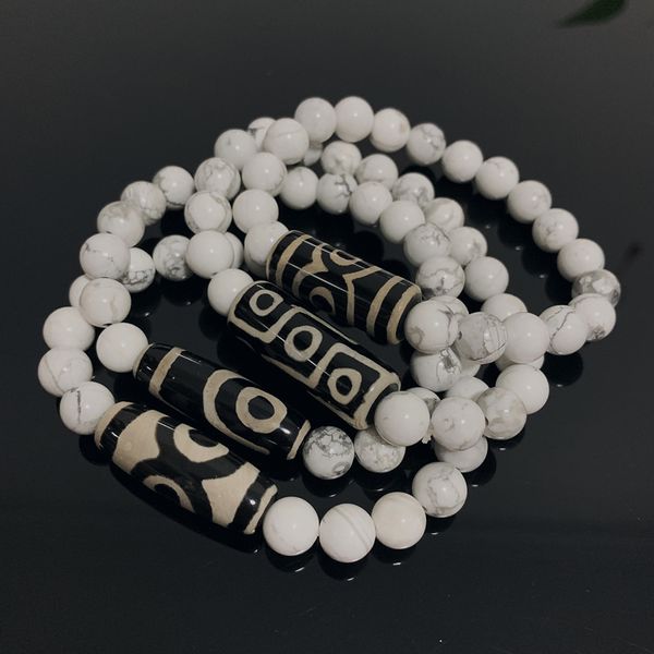 

natural tibetan dzi agates bracelets healing jewelry buddha prayer nine-eyed agat beads stone white howlite turquoises bracelets, Golden;silver