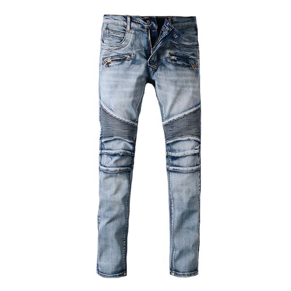 

fashion streetwear men jeans blue color spliced designer ripped jeans men size 28-42 multi pockets denim cargo pants biker