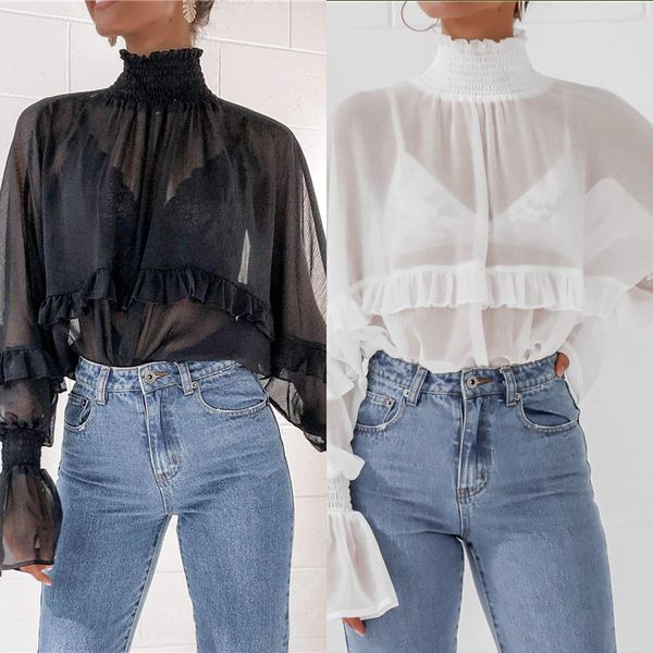 

autumn white black perspective lace ruffles elegant chiffon flare sleeve shirt women high collar blouse pullover sweet