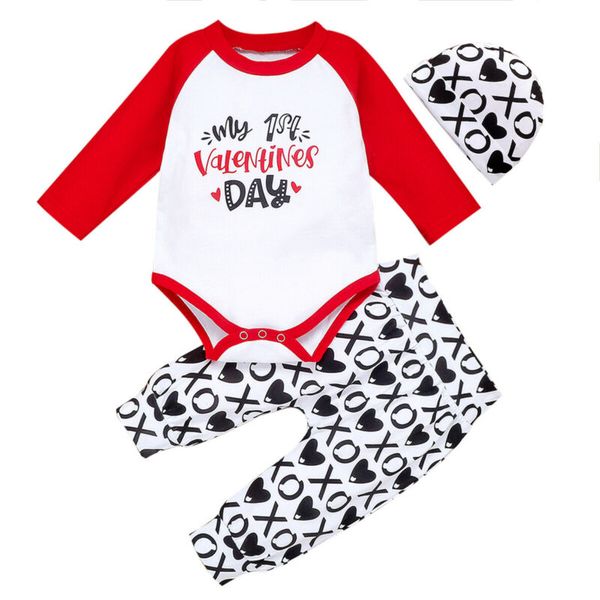 

my first valentine's day infant baby girl boy clothes suit kids long sleeve romper +pants+hat 3pcs set, White