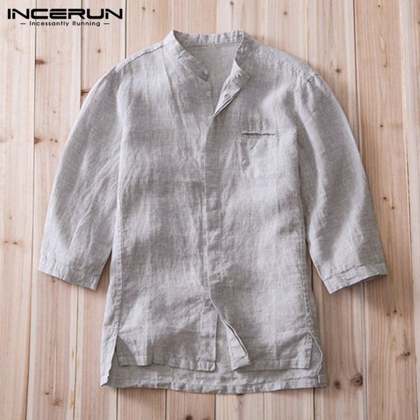

incerun fashion shirt men cotton 3/4 sleeve solid color stand collar casual vintage loose summer men shirt camisa masculina, White;black