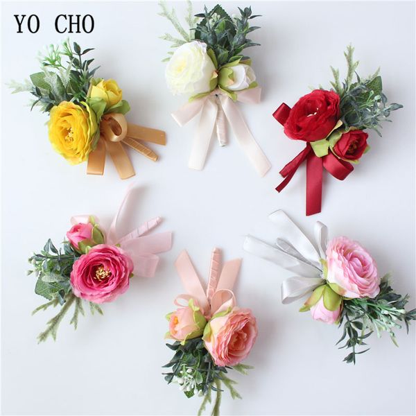 Acheter Yo Cho Hommes De Mariage Boutonnière Pin De Mariée Poignet Corsage Bourgogne Fleur Jaune Demoiselle Dhonneur Bracelet Poignet Corsage Groom