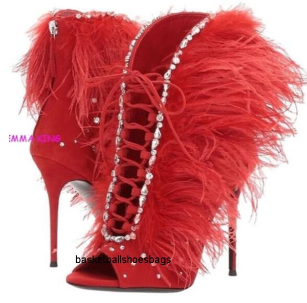 

selling women high heel boots peep toe thin heels woman booties zip up ankle boots for woman feather boots rhinestone stud botas, Black