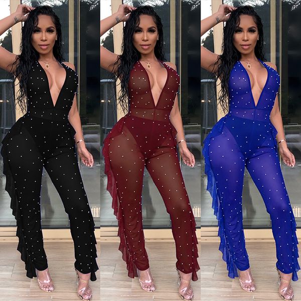 

chic wear night club halter neck pearl pant design backless club bodycon jumpsuit women clothing ruffle transparent jumpsuit, Black;white