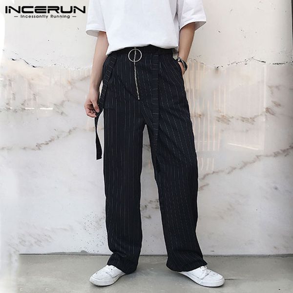 

men's pants incerun fashion men striped joggers loose zipper vintage streetwear straight trousers with belt 2021 long plus size, Black