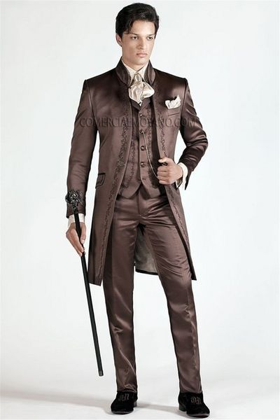 Bordados Groomsmen mandarim lapela noivo smoking Chocolate Homens ternos de casamento / Prom / Jantar melhor homem Blazer (jaqueta + calça + gravata + Vest) K203