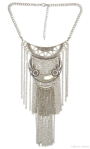 

idealway bohemian silver alloy fashion carved hollow out moon shape rope chain tassels pendant necklaces jewelry