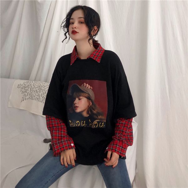 

women shirts women designer clothes autumn fake two new fashion harajuku loose hip hop plaid turn down collar t shirt casual print, White