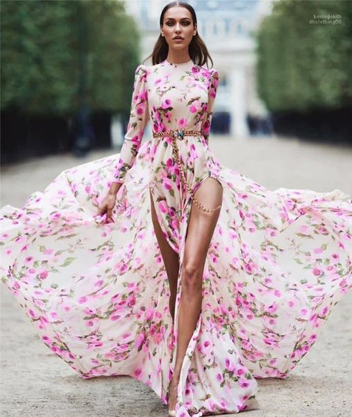

sleeve maxi dresses new arrival womens dress fashion women designer dresses split floral printed long, Black;gray