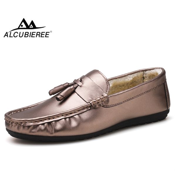 

alcubieree winter men tassel loafers fashion patent leather boat shoes for male warm snow moccasin with fur casual driving shoes, Black