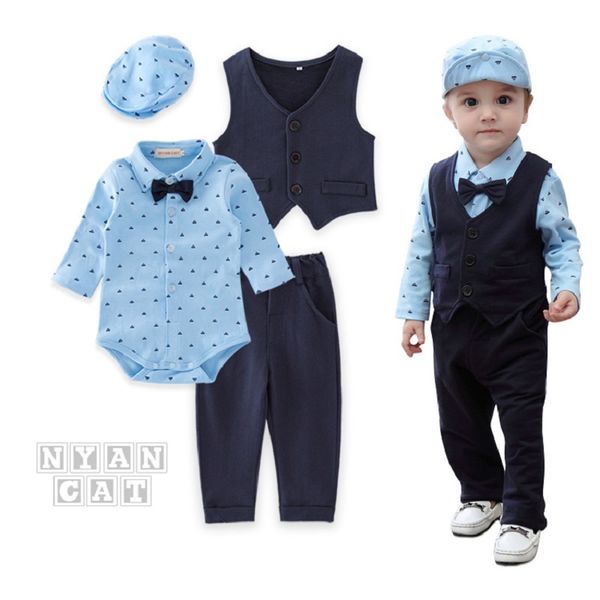 

4pcs infant baby clothing sets boys jumpsuits vest pants with hat 0-12m 18m baby body clothes gentleman style newborn costumes, White