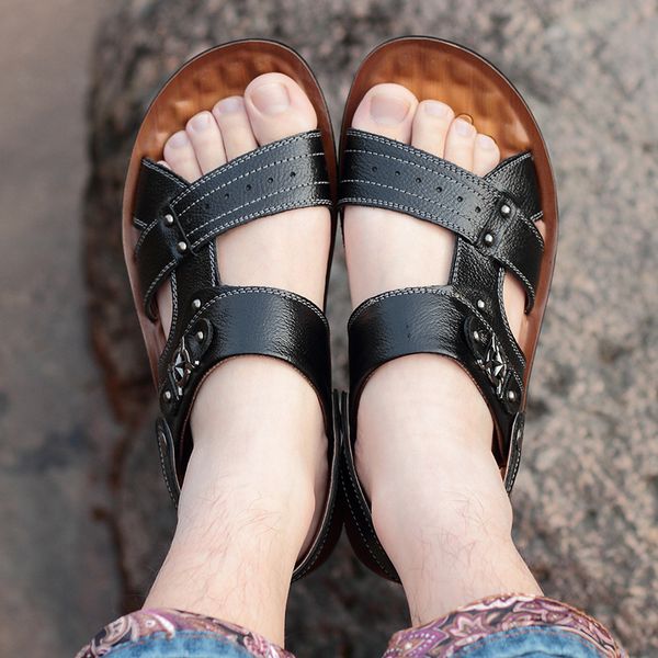 

fashion new gladiator sandals for men flat solid genuine leather beach sandals leisure casual sandale homme, Black