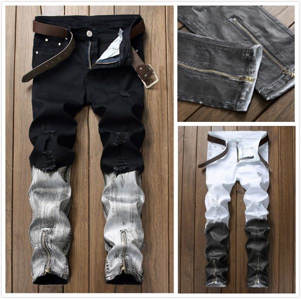 

men's jeans european and american style large size hole straight two-color jeans trousers zipper male youth men's trousers tide, Blue