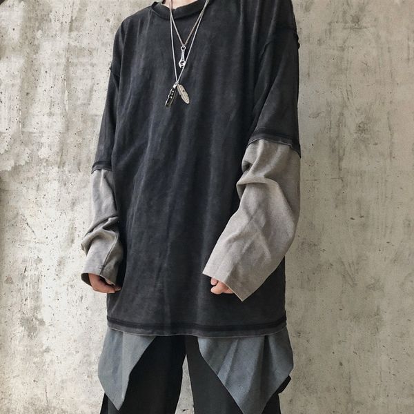 

fake two t shirt men's fashion retro casual cotton long-sleeved t-shirt men streetwear wild loose hip hop tshirt mens m-xl, White;black