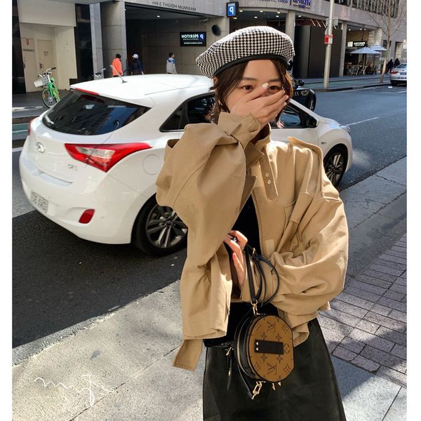 

womens short tooling windbreaker coat autumn lapel neck long sleeve zipper jacket coat fashion women's clothing, Black;brown