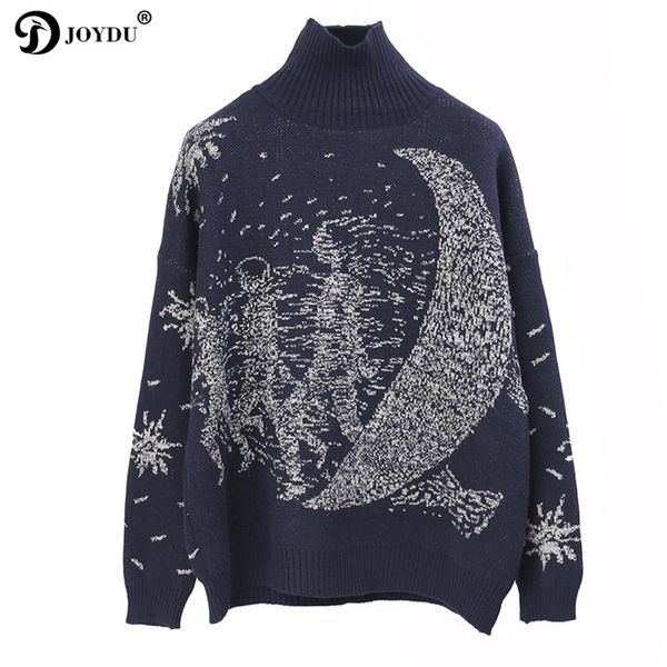 

joydu turtleneck sweater women 2018 winter thick runway design galaxy moon oversized casual wool pullover knit jumper pull femme, White;black