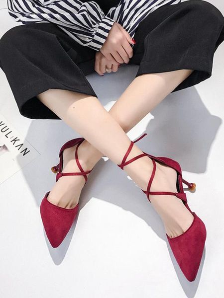 

red small fresh wild high-heeled shoes women 2020 spring new stiletto dress lace-up pointed shoes, Black