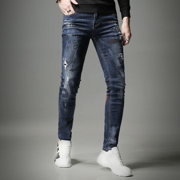 

autumn winter fashion men print ripped hole stretch straight blue jeans