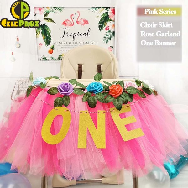 

3pcs baby chair tutu banner skirt first birthday tray tutu banner rose garland i am one birthday chair cover supplies