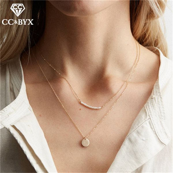 

cc stainless steel necklace for women minimalist choker necklaces gold color pendant party jewelry luxury 2pcs sets fine cdnn021, Golden;silver
