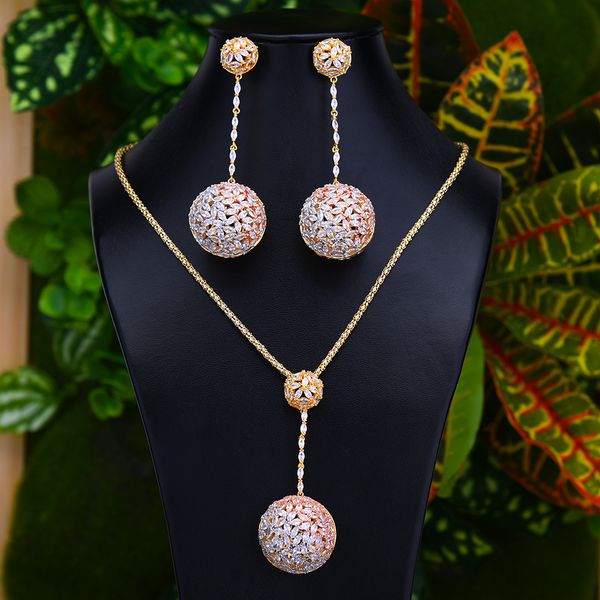 

godki hollow ball nigerian necklace earring jewelry sets for women wedding cubic zircon dubai bridal jewelry sets, Silver