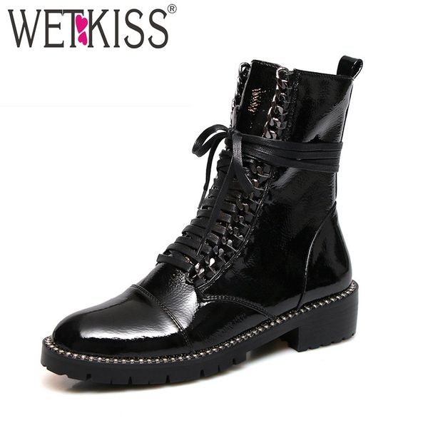 

wetkiss patent leather women ankle boots round toe rivet footwear low heels motorcycle boots platform shoes woman 2018 winter, Black