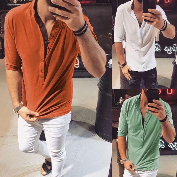 

2020 men's slim v neck half sleeve muscle solid shirt casual shirts blouse men fit buttons shirt drop shipping, White;black