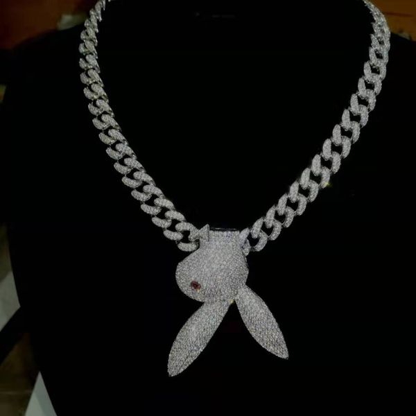 

mens iced out hip hop chain pendants luxury designer jewelry men diamond necklace big pendant bling rabbit charms rapper cuban link hiphop, Silver