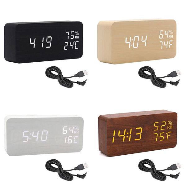 

voice control wood usb digital alarm clock with day/date/temperature humidity