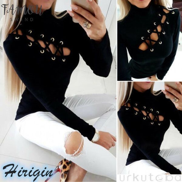

summer women t shirts 2020 new women summer lace up eyelet hollow out turtleneck long sleeve t shirt, White
