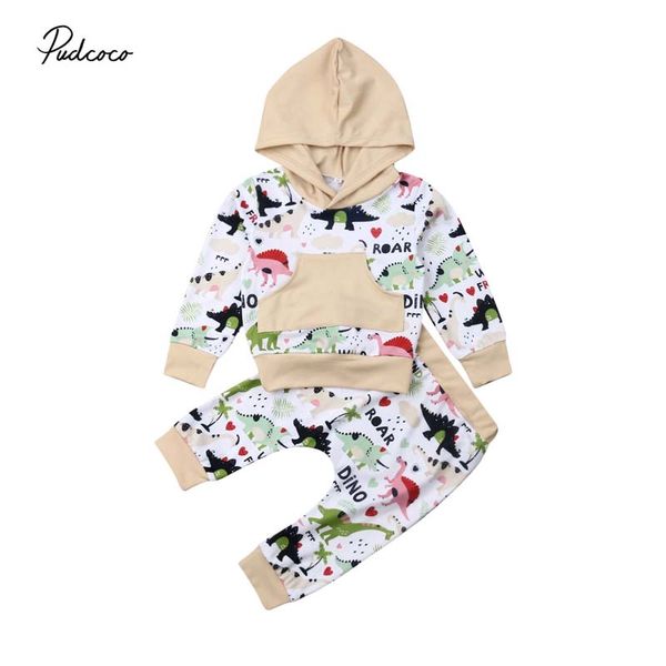 

2019 brand newborn baby boys girls cartoon clothes autumn hoodies hooded pants outfits dinasour print clothing set 2pcs, White