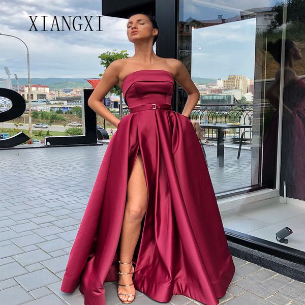 

xiangxi 2019 dark red evening dresses long satin a-line strapless split floor length evening dress formal party gowns prom dress, White;black