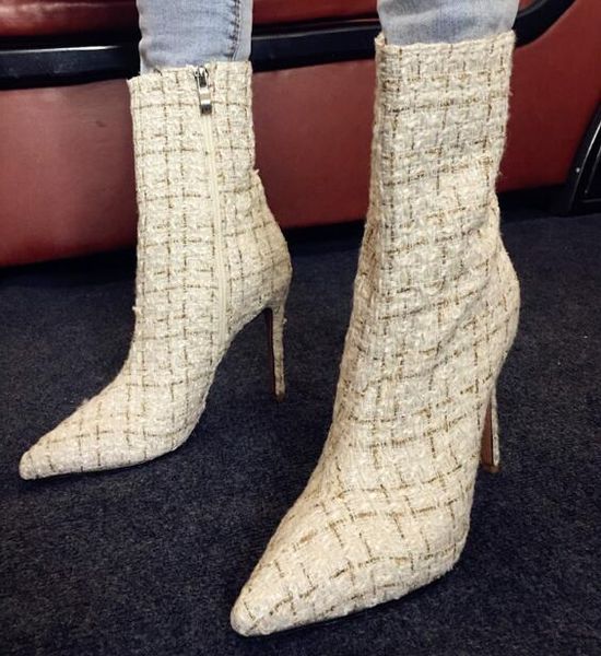 

woman white red grid cloth zipper 10 cm stiletto heels pointed toe ankle boots fashion high heel booties lady big size, Black
