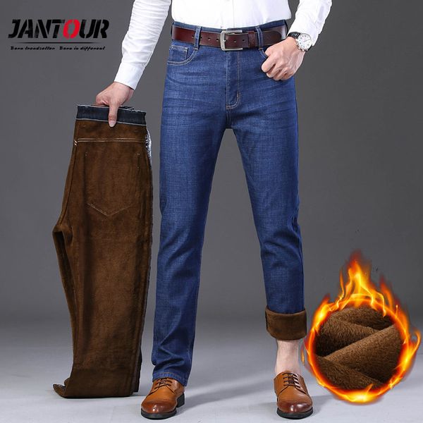 

jantour winter thermal warm flannel stretch jeans mens quality brand fleece pants men straight flocking trousers jean 40 42 44, Blue