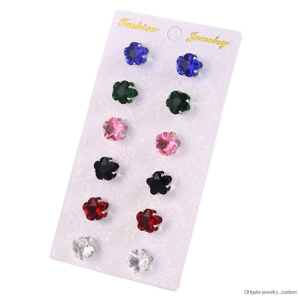 

6 Pairs Earrings Set Flower Design Crystal Stud Earrings Set 6 Different Color Stud Earrings Cute Gift For Girl E0418