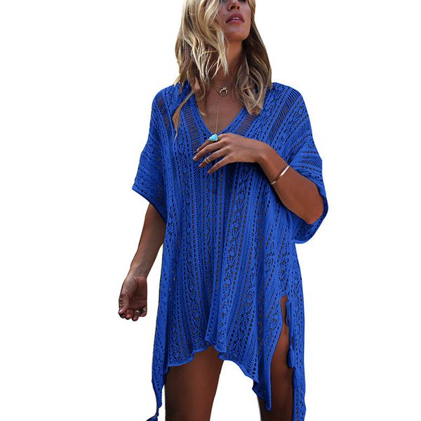 

womens v-neck swimwear hollow out swimsuit cover up knitted beach dresses, White;black