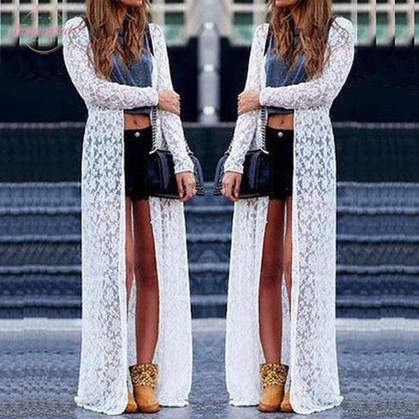 

женщины дамы лето с длинным рукавом кружева пляж кружева кардиган блузка длинные топы падение доставка хорошее качество, White