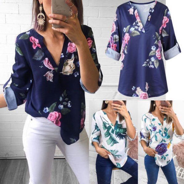 

женщины блузка женская топы мода женщины рукав три четверти v neck цветочные рубашки дамы лето повседневная рубашка блузка drop доставка, White