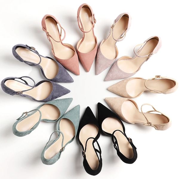 

shoes woman 2019 new summer 8cm high heels shoes women office ladies elegant flock ankle straps female sandals casual pump, Black