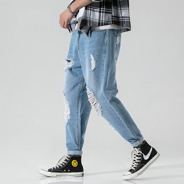 

11 jeans men 2020 hole washing loose trend versatile basic harlan pants, Blue