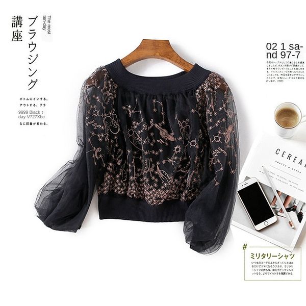 

женский дизайнерский свитер кружева сексуальная сетка вышитые рукава фонаря + завернутый воротник груди wild modelsgpnx, White;black